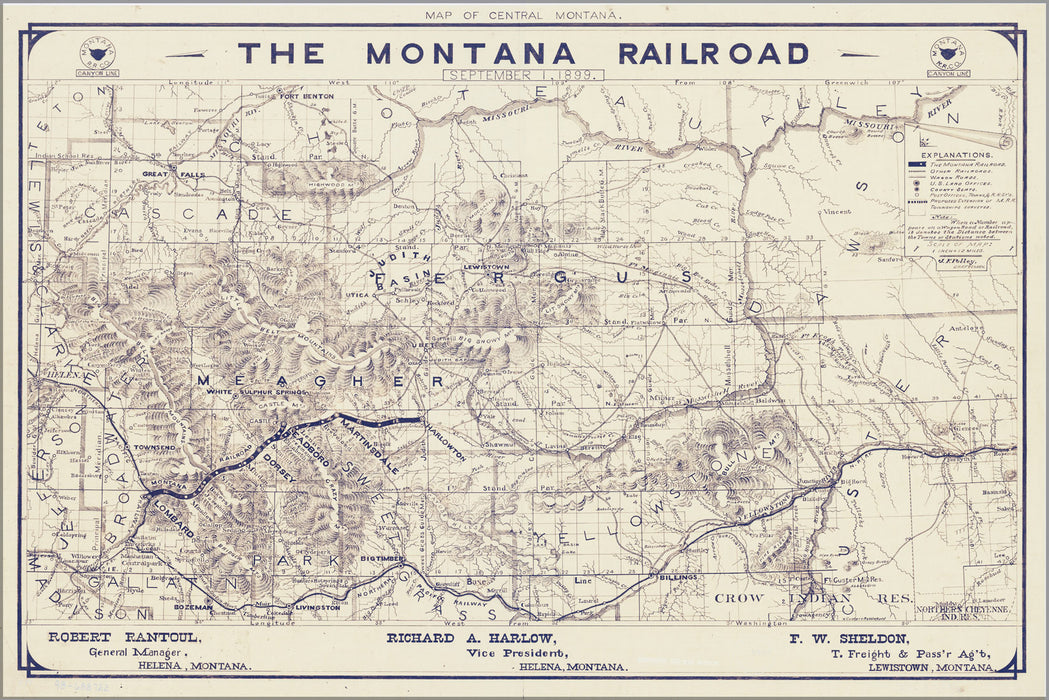 24"x36" Gallery Poster, Map of central Montana, Montana Railroad 1899