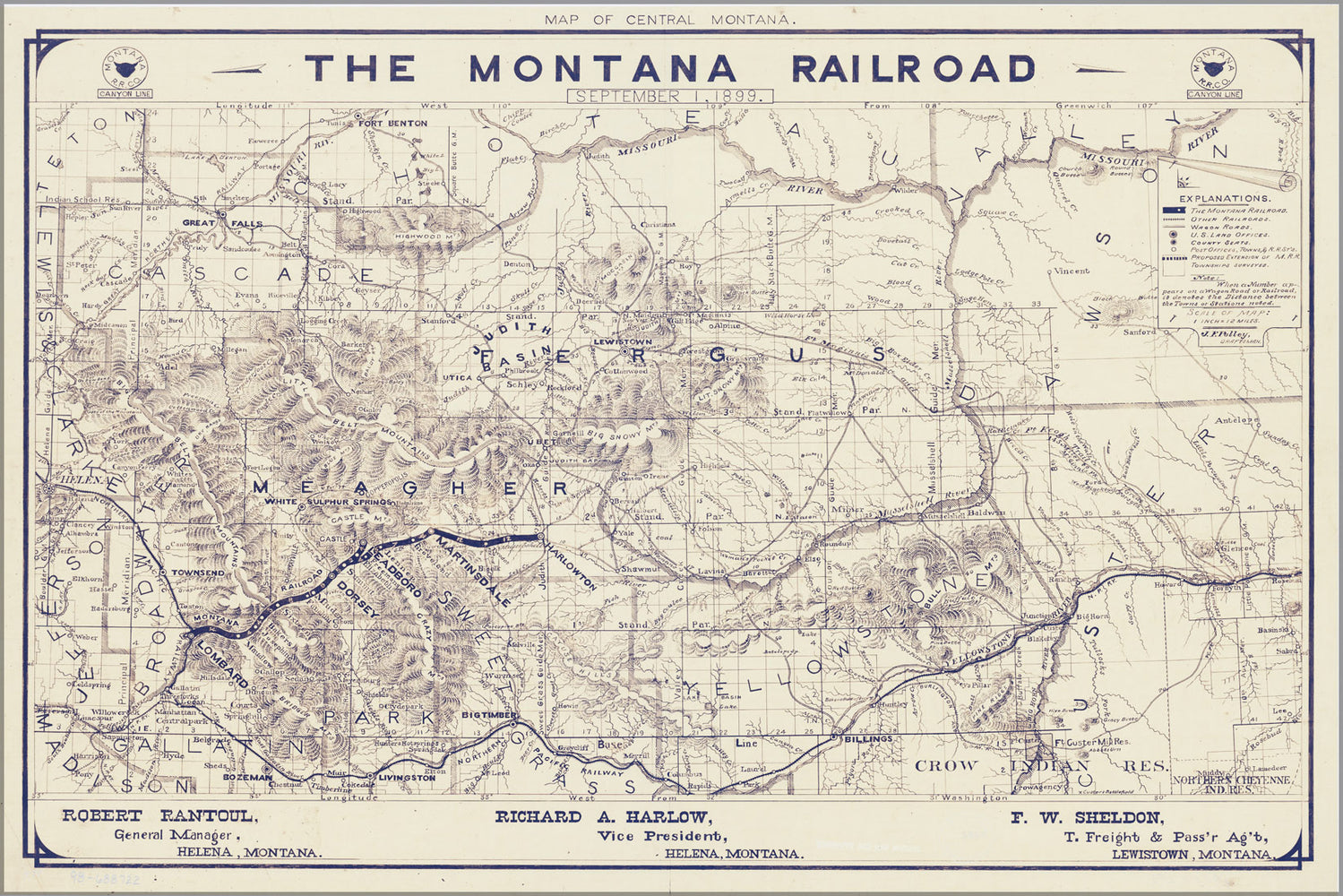 24"x36" Gallery Poster, Map of central Montana, Montana Railroad 1899
