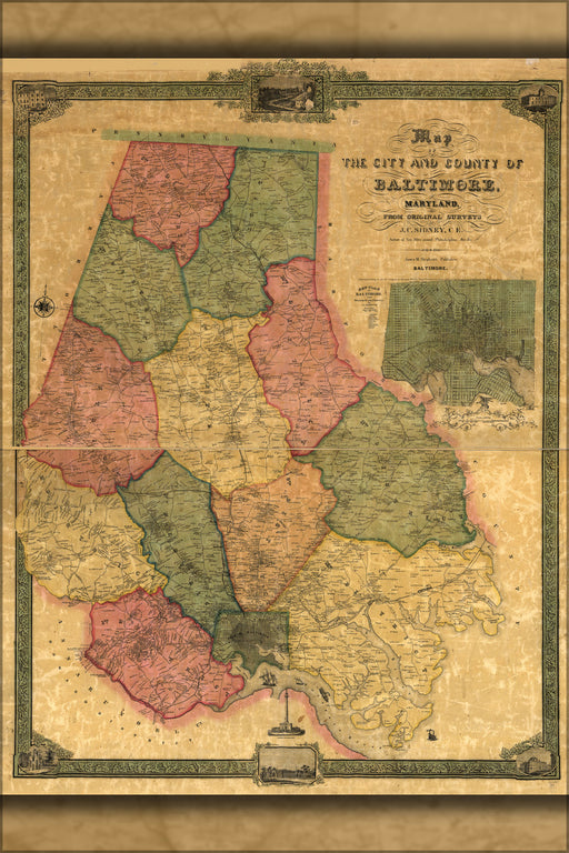 24"x36" Gallery Poster, Map of city & county of Baltimore, Maryland 1857