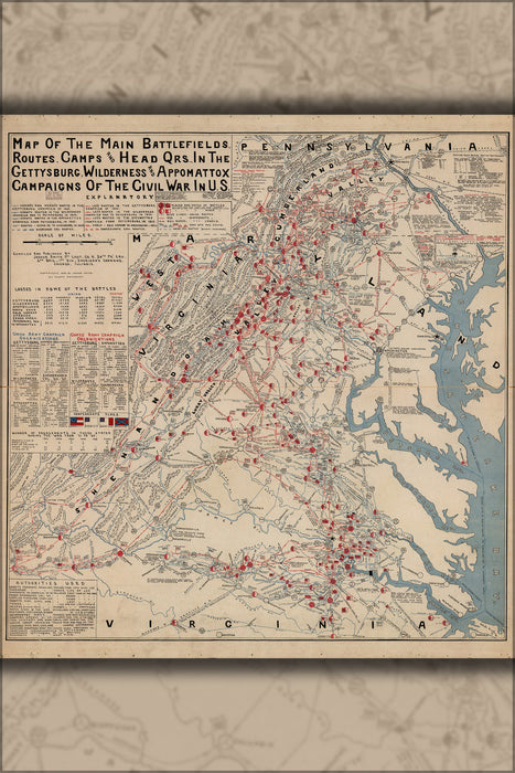 24"x36" Gallery Poster, Map of civil war battlefields pub 1900
