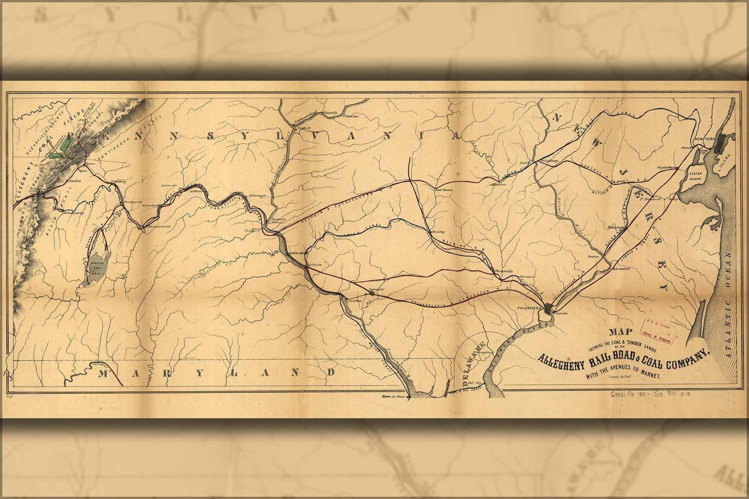 24"x36" Gallery Poster, Map of coal & timber of Allegheny RailRoad 1850
