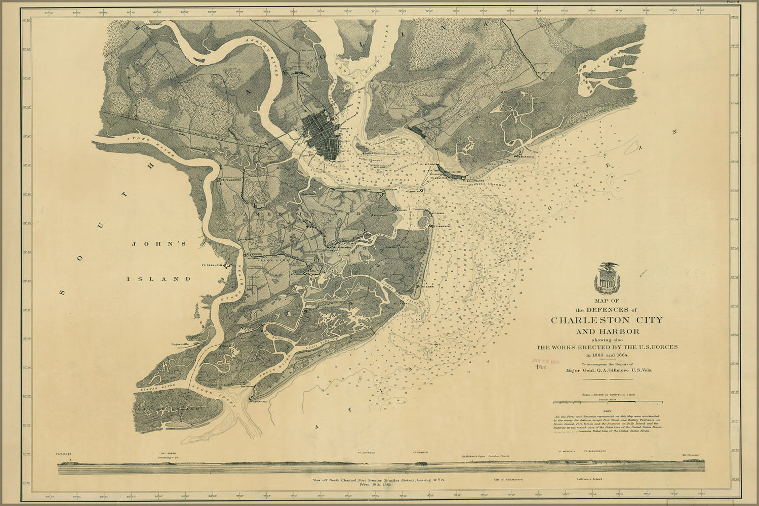 24"x36" Gallery Poster, Map of defences of Charleston city & harbor 1865