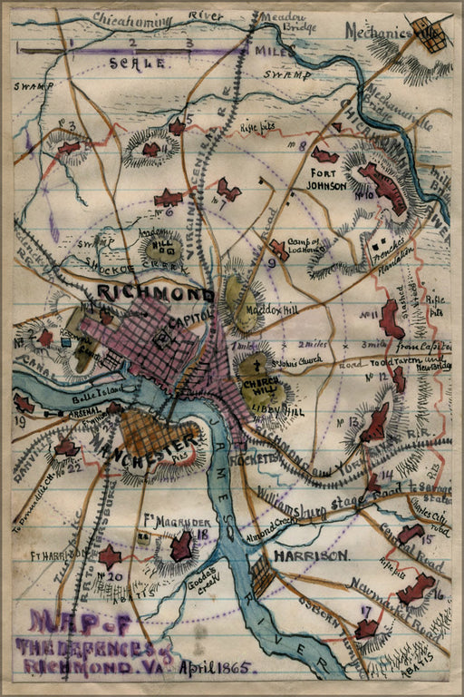 24"x36" Gallery Poster, Map of defenses of Richmond Virginia 1865