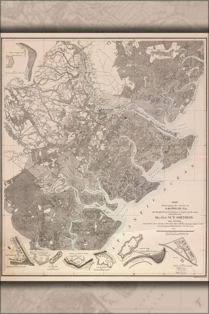 24"x36" Gallery Poster, Map of defenses of Savannah, Georgia 1864 p1
