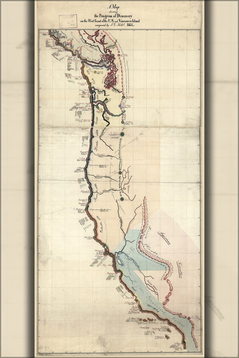 24"x36" Gallery Poster, Map of discovery of West coast united states 1856