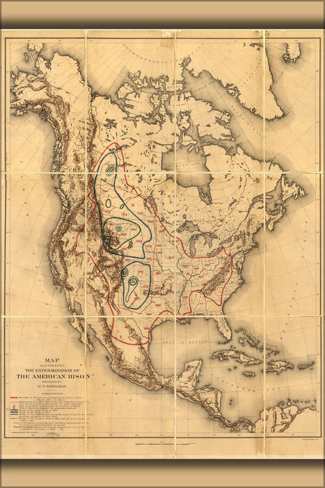 24"x36" Gallery Poster, Map of extermination of bison buffalo 1889