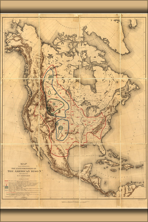 24"x36" Gallery Poster, Map of extermination of bison buffalo 1889