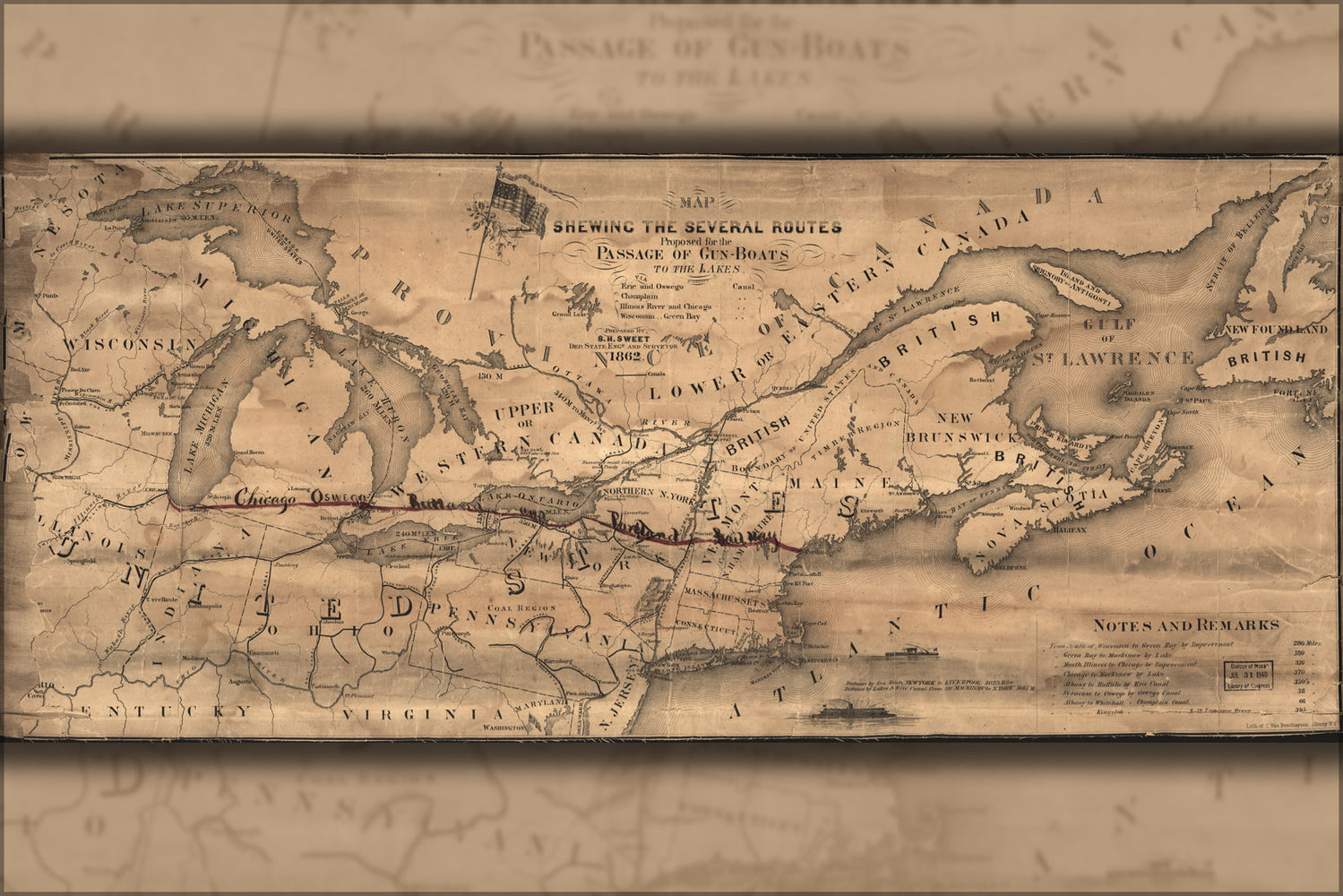 24"x36" Gallery Poster, Map of gunboat routes to the great Lakes 1862
