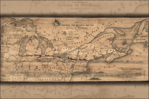 24"x36" Gallery Poster, Map of gunboat routes to the great Lakes 1862