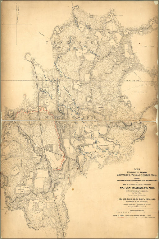 24"x36" Gallery Poster, Map of hallecks march Tenn Mississippi 1862