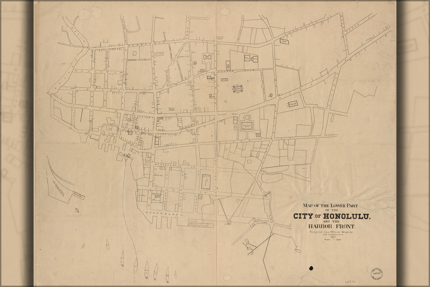 24"x36" Gallery Poster, Map of lower Honolulu hawaii 1893