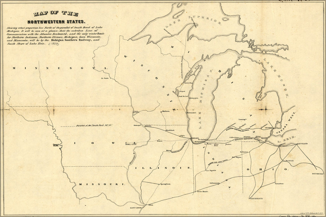 24"x36" Gallery Poster, Map of michigan wisconsin iowa 1850