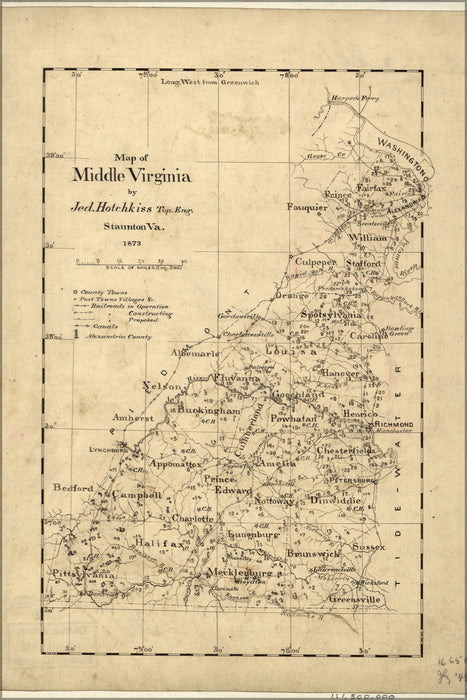 24"x36" Gallery Poster, Map of middle Virginia 1873