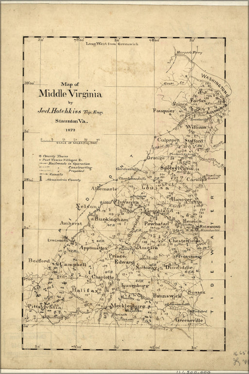 24"x36" Gallery Poster, Map of middle Virginia 1873