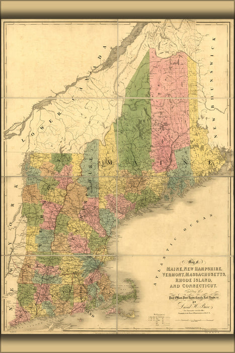 24"x36" Gallery Poster, Map of new england Maine Vermont Connecticut 1839