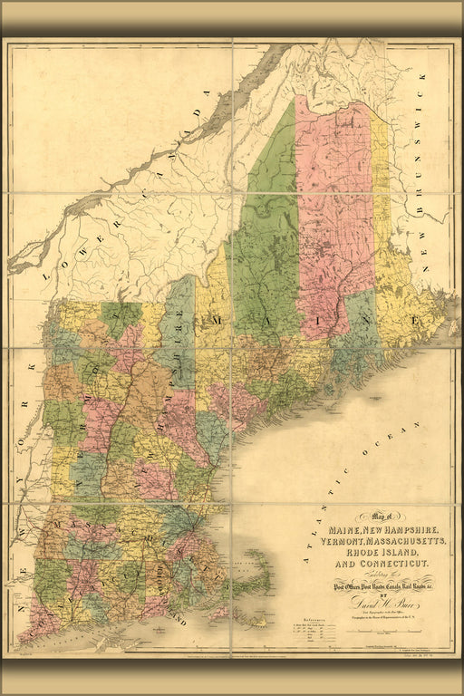 24"x36" Gallery Poster, Map of new england Maine Vermont Connecticut 1839