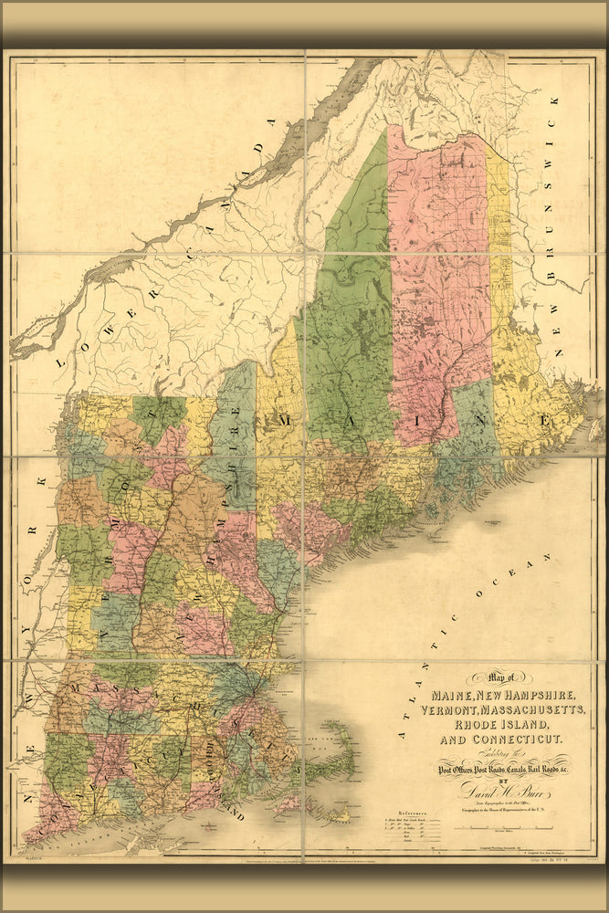 24"x36" Gallery Poster, Map of new england Maine Vermont Connecticut 1839