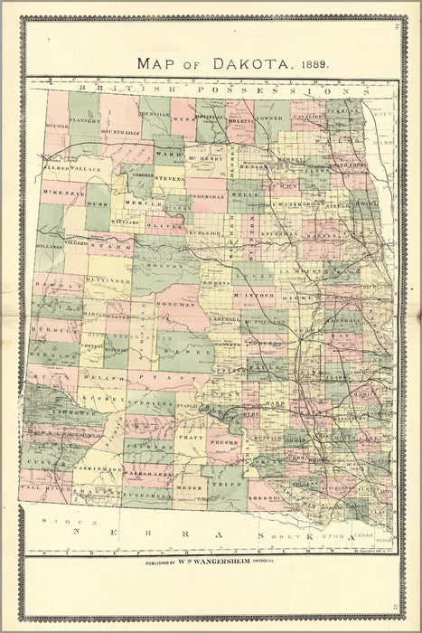 24"x36" Gallery Poster, Map of north & south dakota, 1889