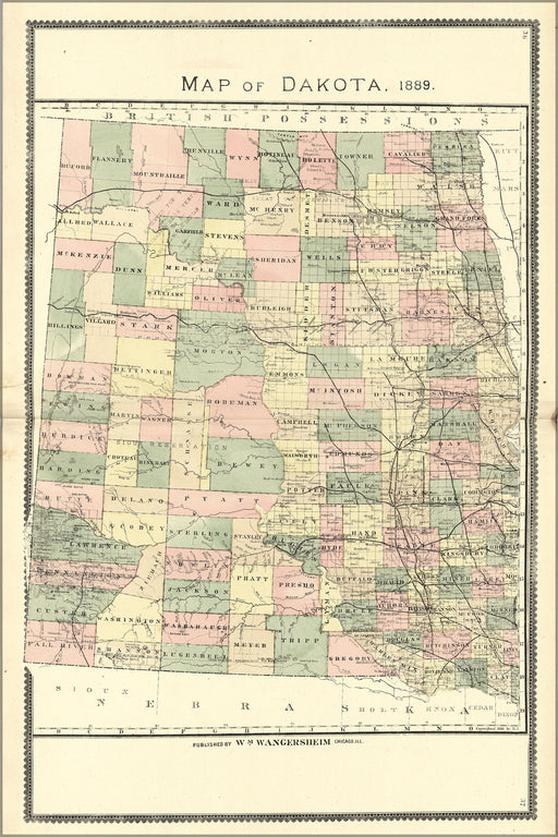 24"x36" Gallery Poster, Map of north & south dakota, 1889