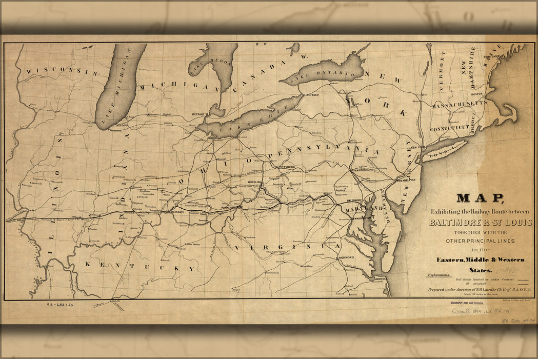 24"x36" Gallery Poster, Map of railroad Baltimore to St. Louis 1843
