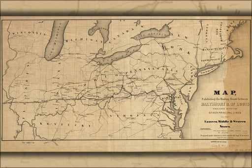 24"x36" Gallery Poster, Map of railroad Baltimore to St. Louis 1843