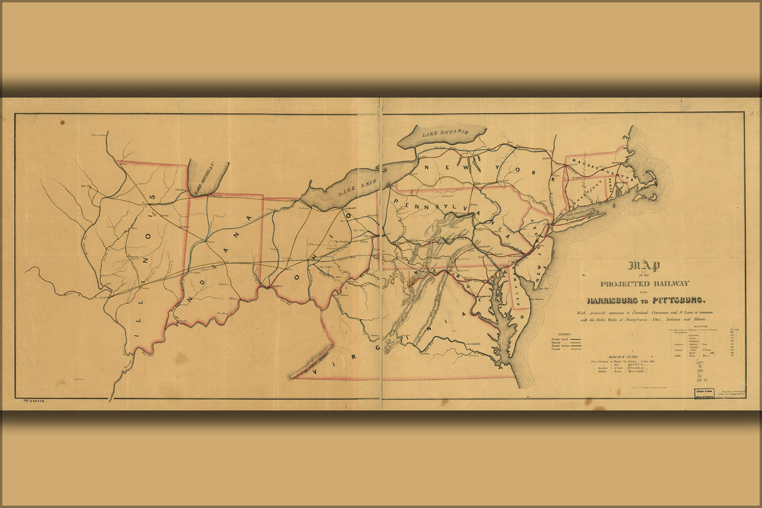 24"x36" Gallery Poster, Map of railroad Harrisburg to Pittsburgh 1840