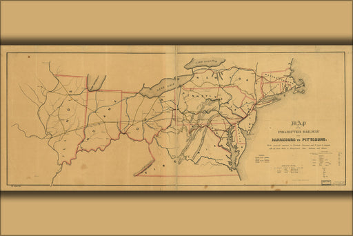 24"x36" Gallery Poster, Map of railroad Harrisburg to Pittsburgh 1840