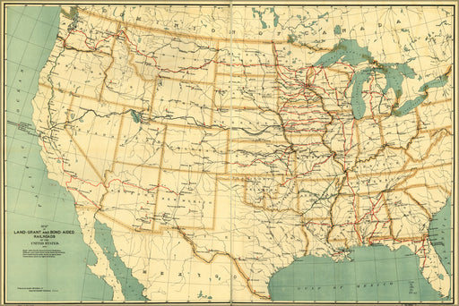 24"x36" Gallery Poster, Map of railroad land grants in United States 1892