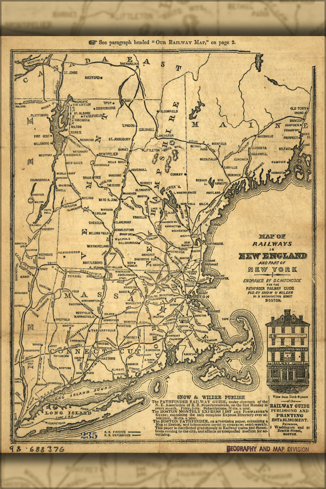 24"x36" Gallery Poster, Map of railroads in New England 1847