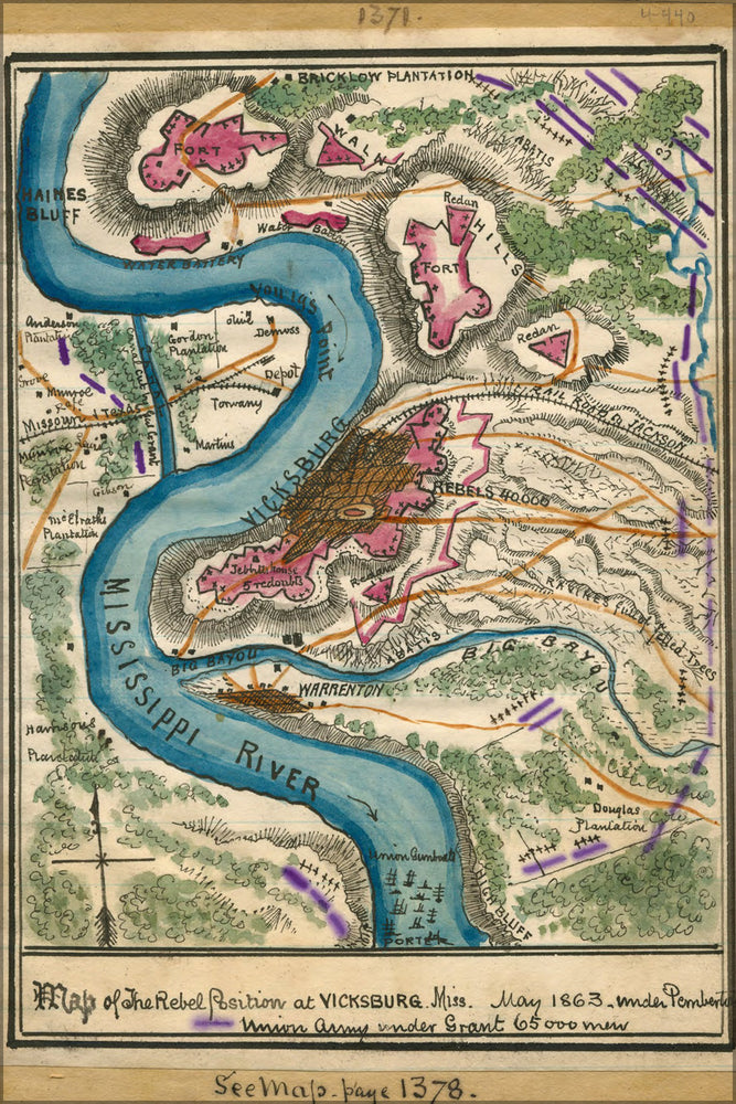 24"x36" Gallery Poster, Map of rebel positions Vicksburg Mississippi 1863