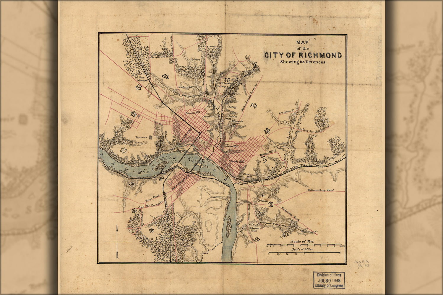 24"x36" Gallery Poster, Map of richmond virginia defenses 1864
