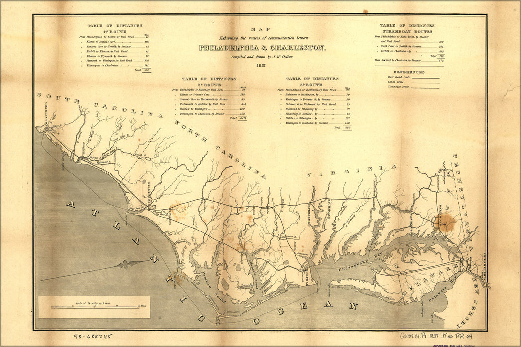 24"x36" Gallery Poster, Map of routes Philadelphia to Charleston 1837
