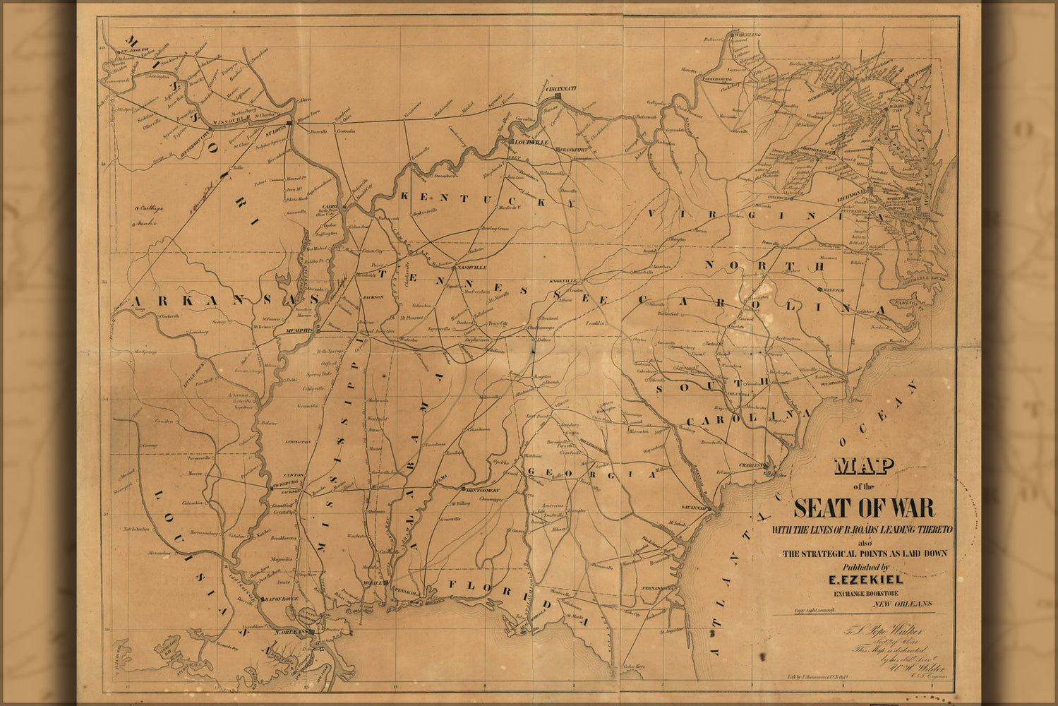 24"x36" Gallery Poster, Map of seat of civil war showing railroads 1861