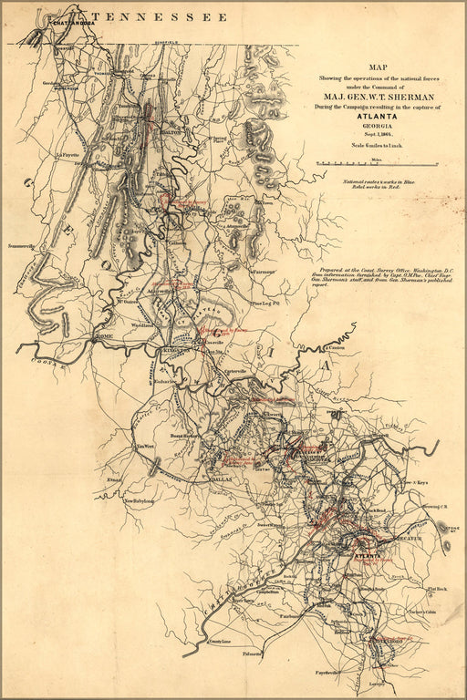 24"x36" Gallery Poster, Map of shermans march capture of Atlanta 1864