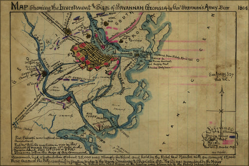 24"x36" Gallery Poster, Map of siege of Savannah Georgia by sherman 1864
