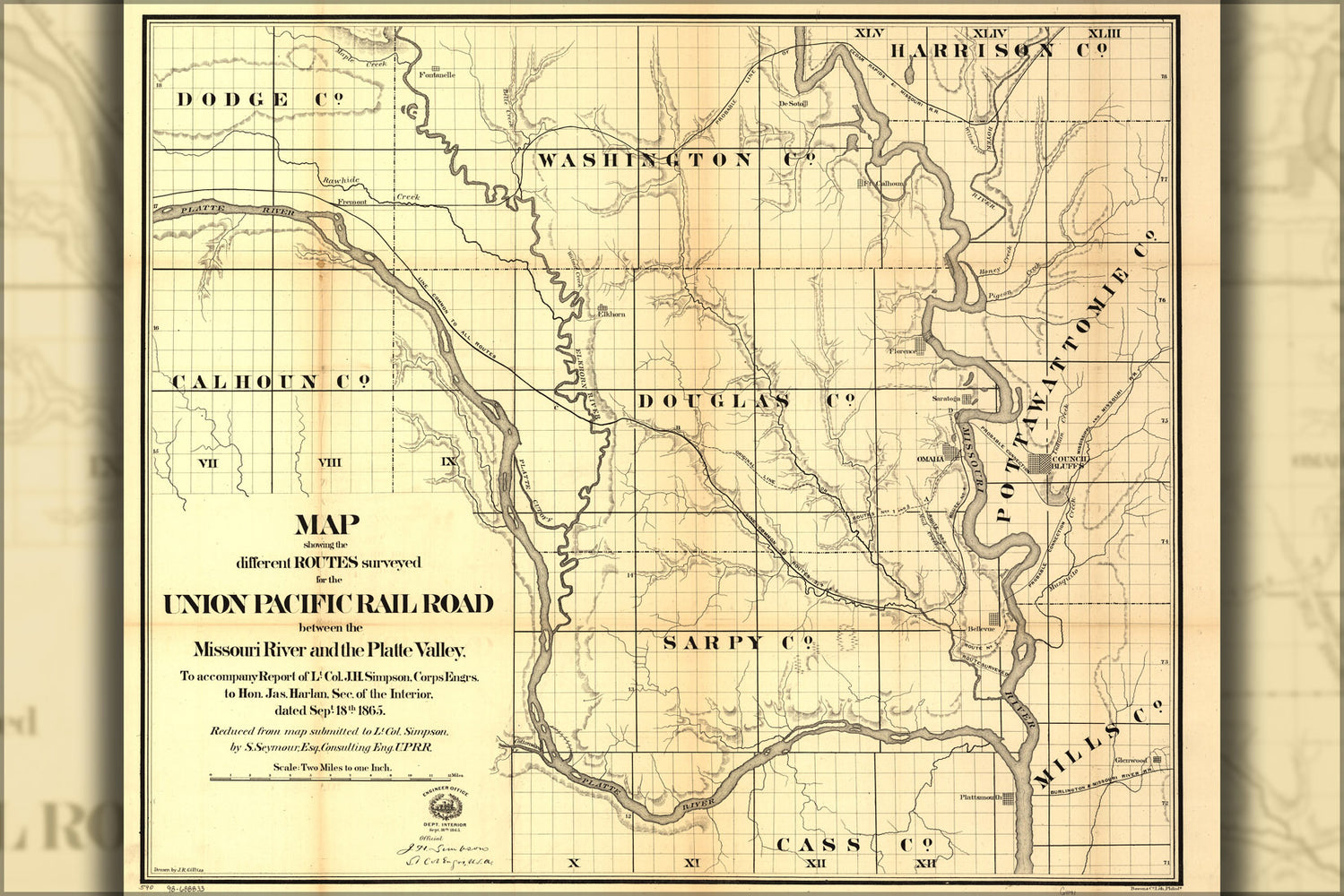 24"x36" Gallery Poster, Map of survey for Union Pacific RailRoad 1865 p1
