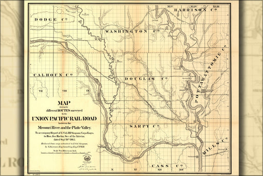 24"x36" Gallery Poster, Map of survey for Union Pacific RailRoad 1865 p1