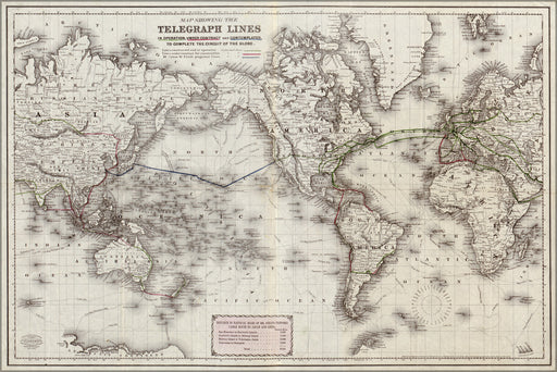 24"x36" Gallery Poster, Map of telegraph lines to circle the earth 1871