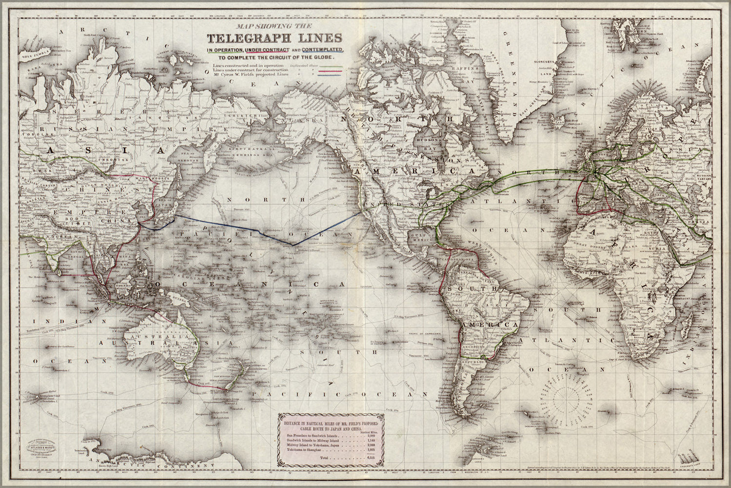 24"x36" Gallery Poster, Map of telegraph lines to circle the earth 1871