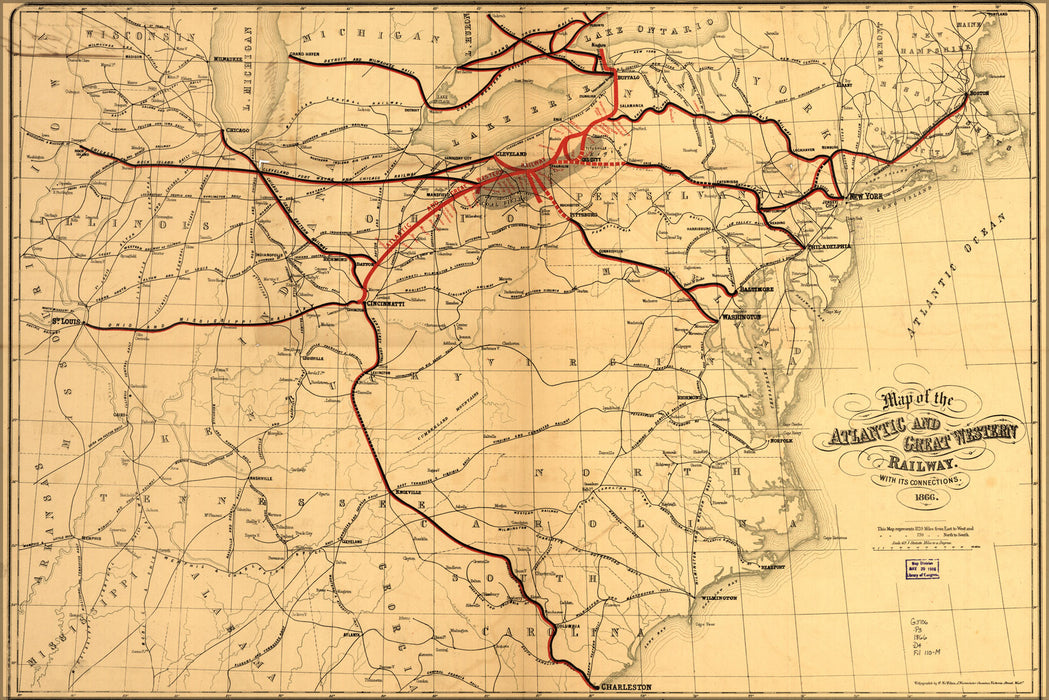 24"x36" Gallery Poster, Map of the Atlantic & Great Western Railroad 1866
