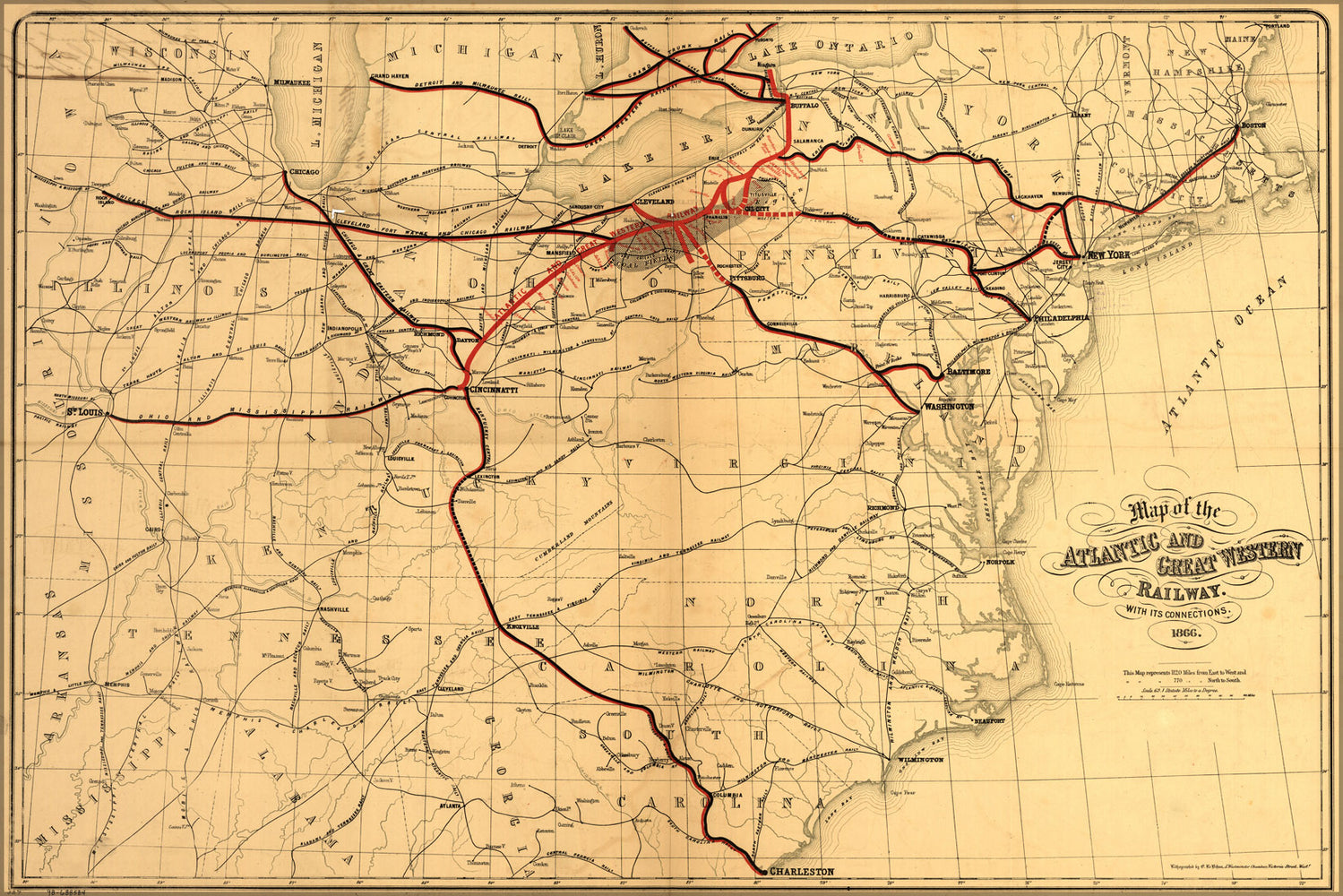 24"x36" Gallery Poster, Map of the Atlantic and Great Western Railroad, with its connections, 1866