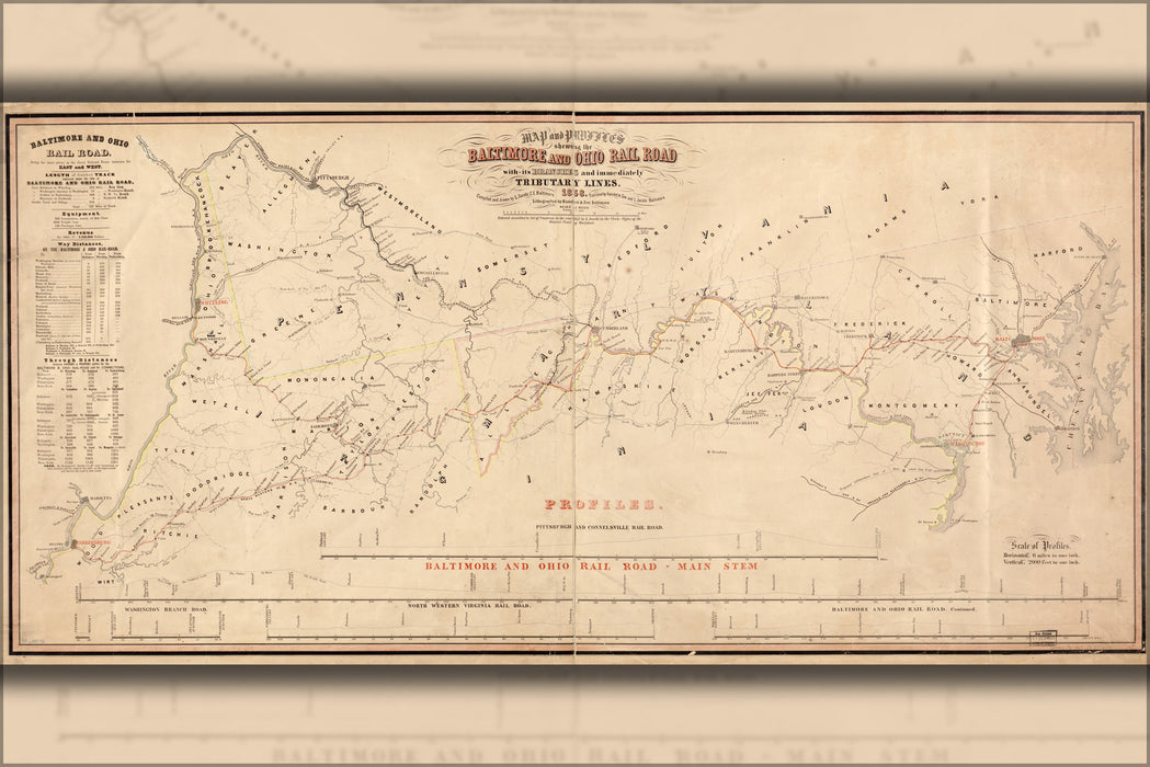 24"x36" Gallery Poster, Map of the Baltimore and Ohio RailRoad 1858
