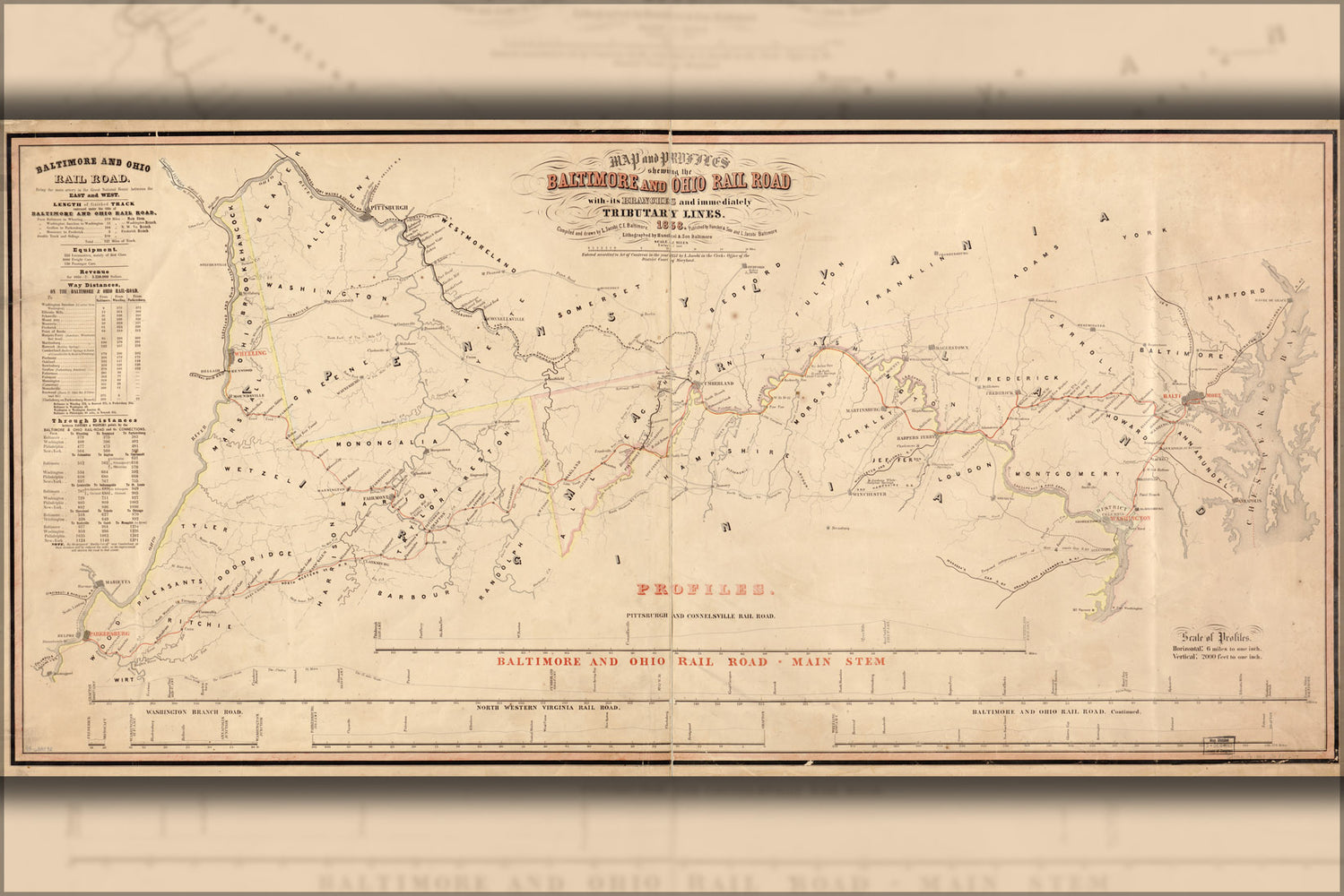 24"x36" Gallery Poster, Map of the Baltimore and Ohio RailRoad 1858