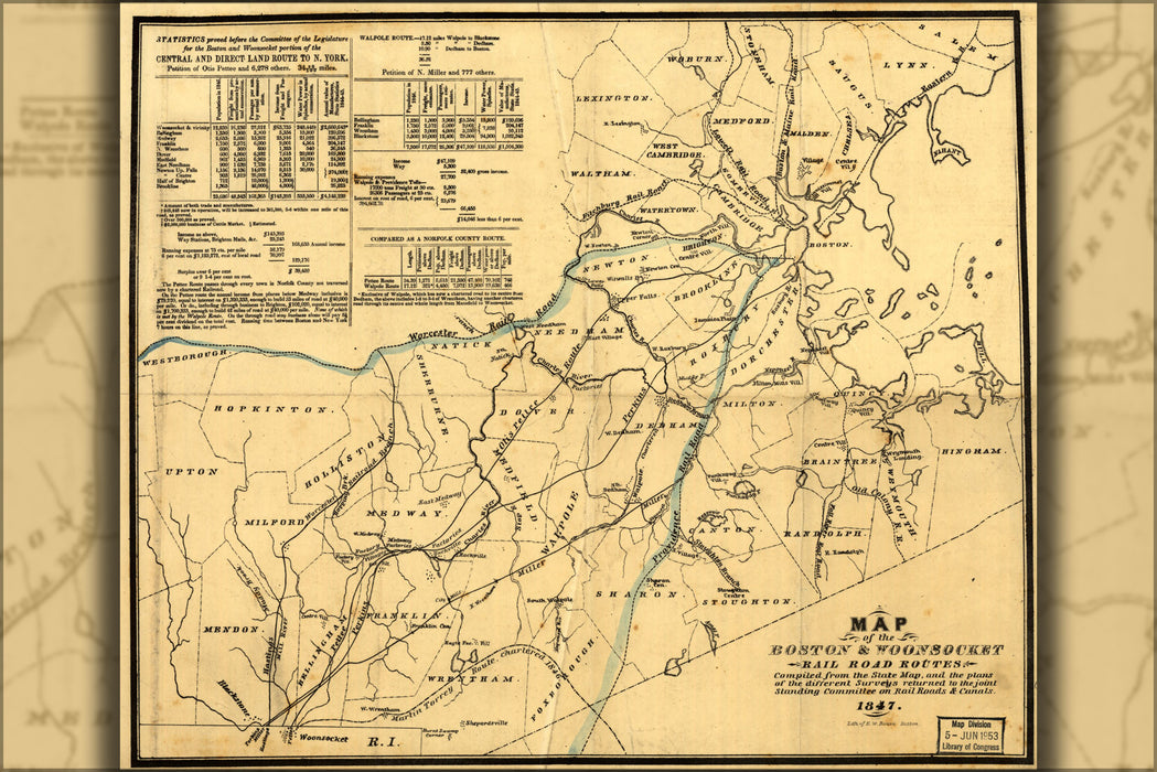 24"x36" Gallery Poster, Map of the Boston & Woonsocket railroad 1847