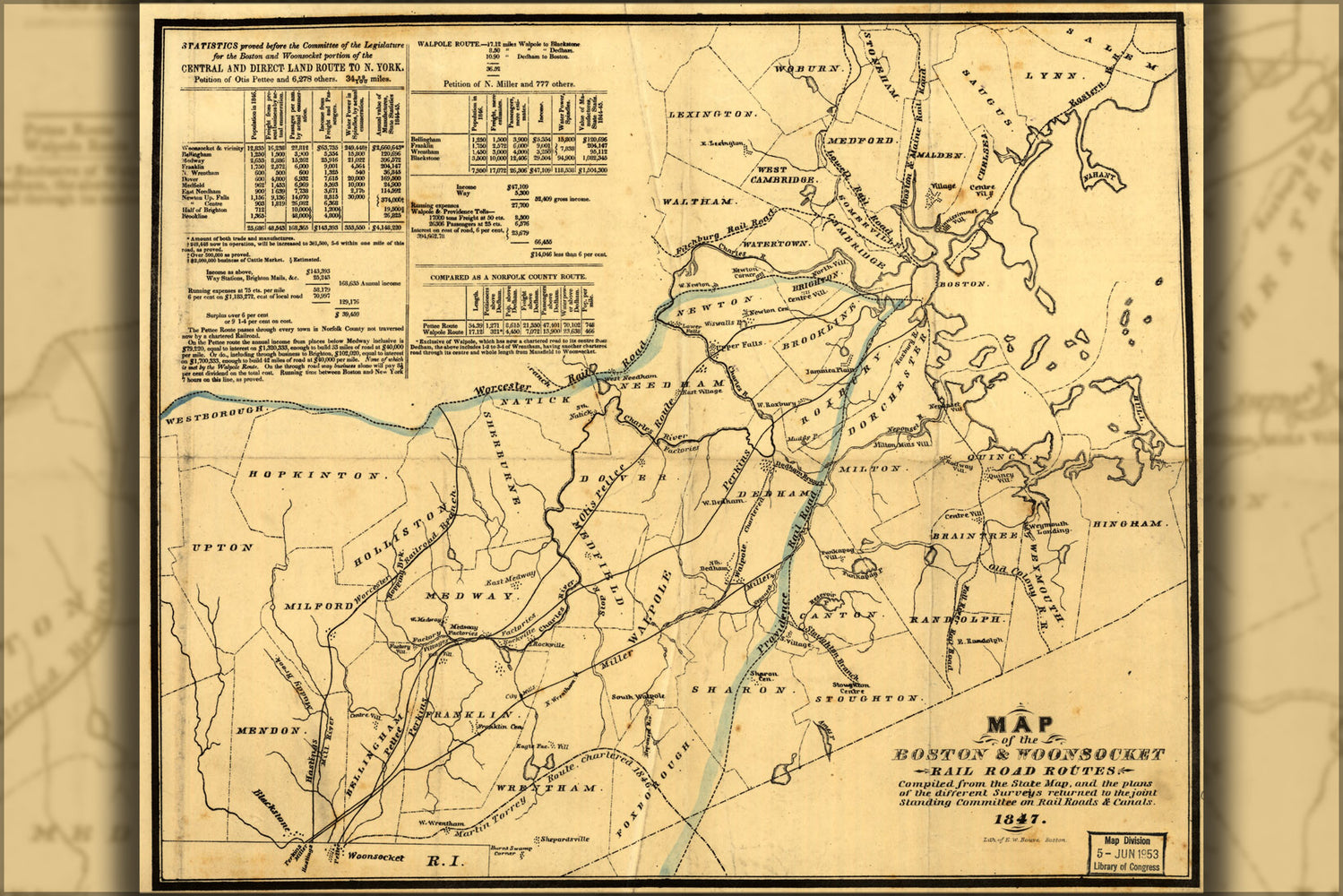 24"x36" Gallery Poster, Map of the Boston & Woonsocket railroad 1847
