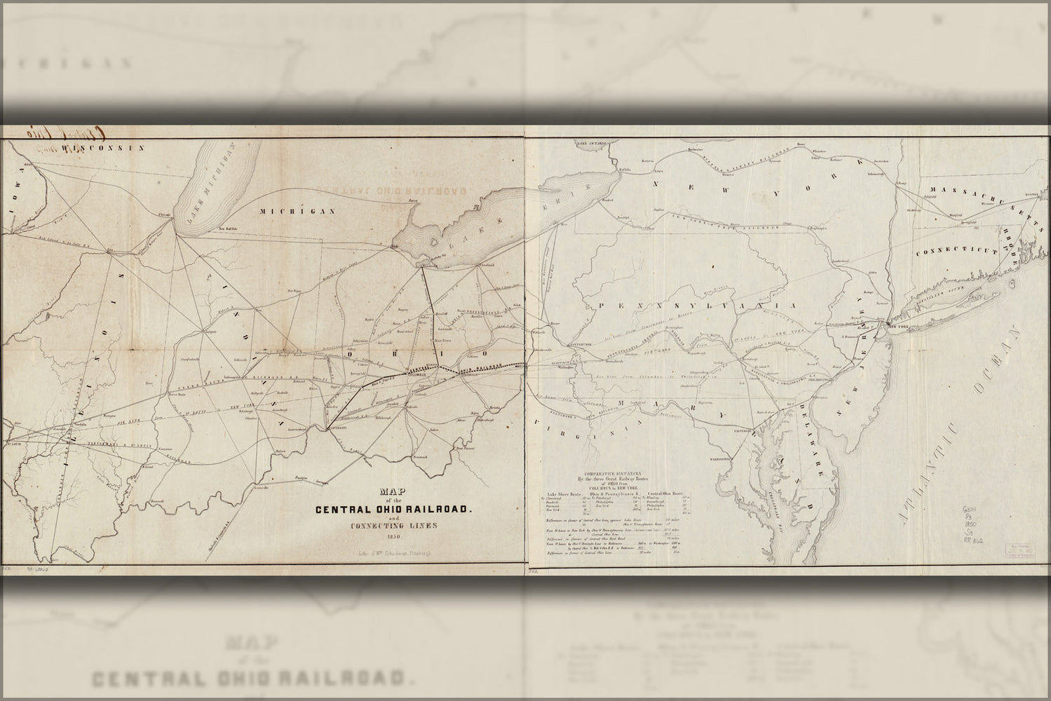 24"x36" Gallery Poster, Map of the Central Ohio Railroad 1850