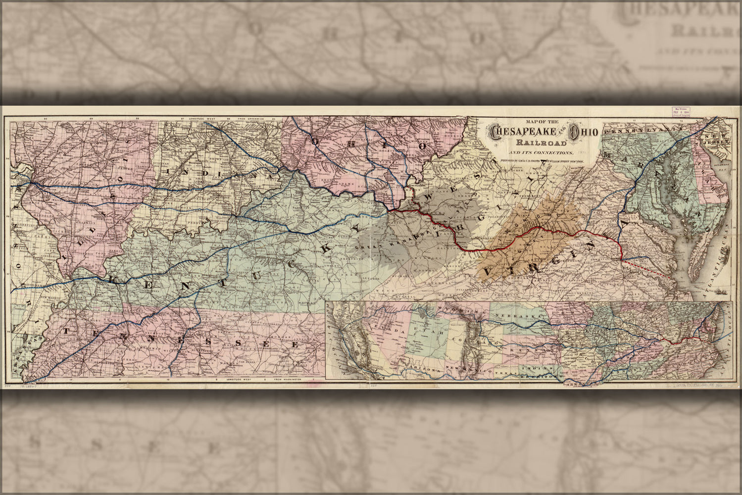 24"x36" Gallery Poster, Map of the Chesapeake and Ohio Railroad 1873