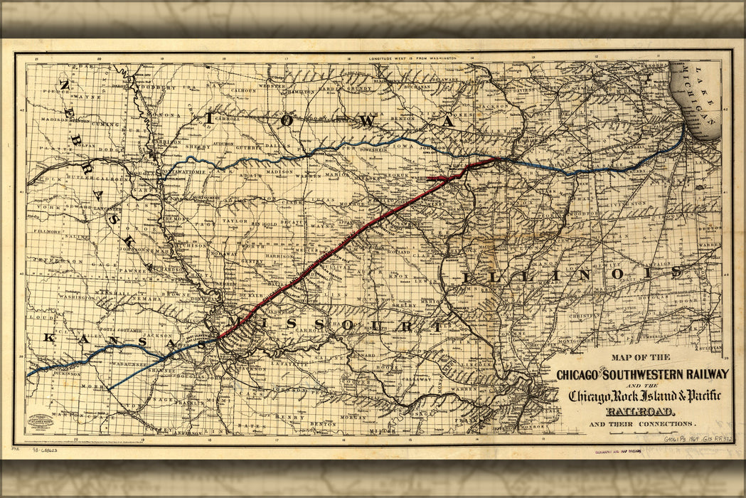 24"x36" Gallery Poster, Map of the Chicago and Southwestern Railroad 1869