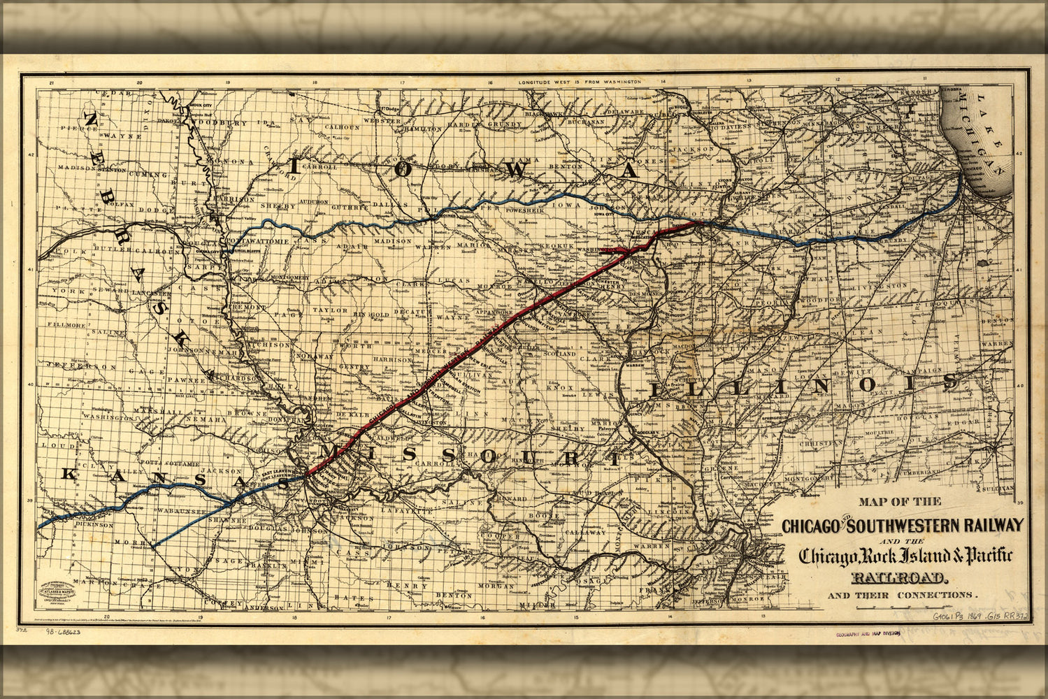 24"x36" Gallery Poster, Map of the Chicago and Southwestern Railroad 1869