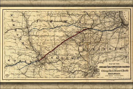 24"x36" Gallery Poster, Map of the Chicago and Southwestern Railroad 1869